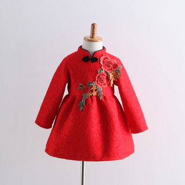 包邮151235中国风复古花朵绣花蕾丝加绒旗袍裙2015冬装中小童女童
