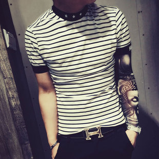 夏季潮流男小高领刺绣条纹修身圆领短袖T恤韩国版青年紧身体恤衫