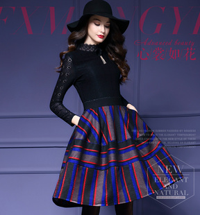 2016春装新款韩版女装优雅荷叶领蕾丝长袖条纹显瘦中长款连衣裙潮