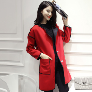 2015冬装新款韩版修身显瘦大翻领中长款外套百搭撞色毛呢外套女