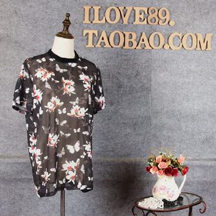 EN15韩国透视印花T恤女夏中长款蝴蝶花朵短袖时尚宽松潮流雪纺衫
