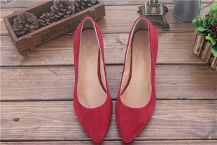 2015新款羊绒尖头浅口中跟女鞋 磨砂皮细跟职业工作鞋红色单鞋