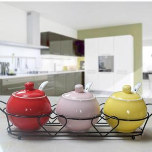 红色系列陶瓷调味罐 厨房用品精致家居日用品调料盒调料罐三件套