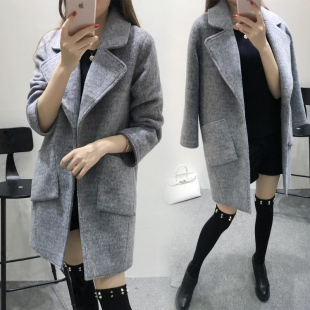 杨幂明星同款2015冬季新品灰色中长款毛呢外套女加厚茧型呢子大衣