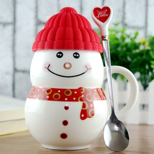 卡通雪人陶瓷杯 创意情侣水杯马克杯 办公室茶杯 咖啡杯 带盖带勺