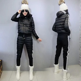 2015冬新款欧货加厚休闲运动连帽羽绒棉服裤子两件套女时尚套装潮