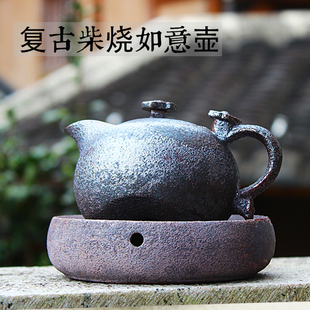 陶言 柴烧铁锈斑茶壶陶瓷单壶个性复古粗陶手把壶普洱茶壶特价