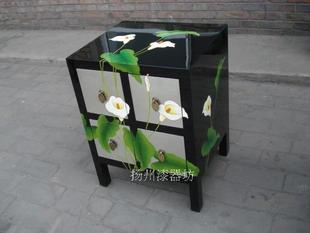 扬州漆器厂家具纯手工彩绘黑银马蹄莲四抽柜床头柜 橱柜