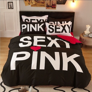 维多利亚的秘密pink纯棉四件套简约韩版床上用品纯棉黑白床单被套