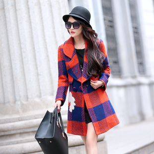 新品韩版羊毛呢格子女上衣2015冬季中长款翻领修身型羊绒呢子外套