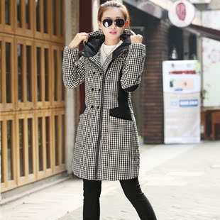 2015冬装棉服女韩版加大码格子显瘦棉袄女装中长款加厚棉衣女外套