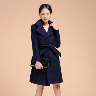 2015秋冬新款韩版女装中长款修身毛呢外套女双排扣西装领毛呢大衣