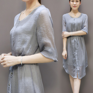 2016夏装新款韩版女装雪纺裙中袖纯色修身显瘦中长款开衫连衣裙潮