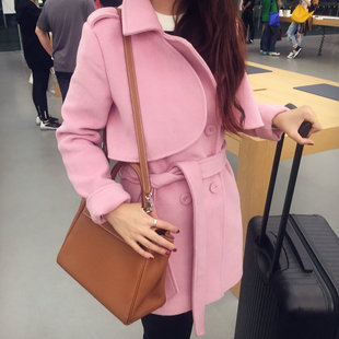 2015韩国新款大牌腰带设计粉色羊毛尼大衣中长款呢料外套女神必备