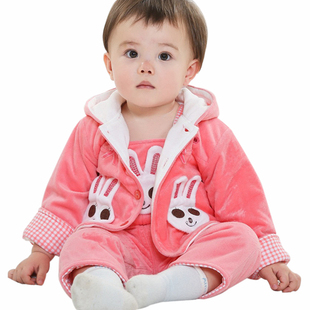 2015秋冬新款儿童珊瑚绒套装婴儿衣服冬季儿童棉服套装可爱卡通