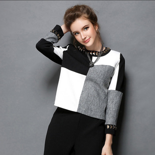 2015春季新款女装 欧洲站高端精品铆钉黑白拼接T恤上衣+长裤套装