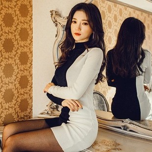 2016年女式韩版小洋装春黑白拼色撞色修身包臀铅笔短裙长袖连衣裙