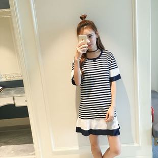 女装夏装2016新款潮韩版中长款条纹连衣裙五分袖时尚裙摆袖小清晰