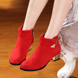 红色结婚鞋子新娘鞋中跟粗跟短靴大码孕妇鞋妈妈鞋保暖雪地棉鞋40