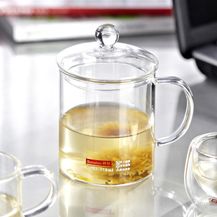 邦田耐热玻璃绿茶杯 透明泡茶杯花茶杯办公带把水杯 带盖玻璃杯