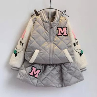 米妮冬季女童套装2015秋冬新款童装儿童加厚棒球服棉衣棉裙两件套