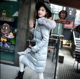16冬装新款韩国时尚修身显瘦奢华狐狸毛领连帽中长款加厚羽绒服女