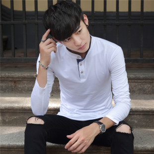 秋季男纯白长袖t恤立领带领纯棉薄款宽松纯色学生休闲青年打底衫