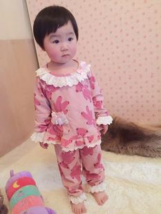 韩国pink女童纯棉睡衣春秋长袖卡通小熊母女亲子装蕾丝边儿童睡衣