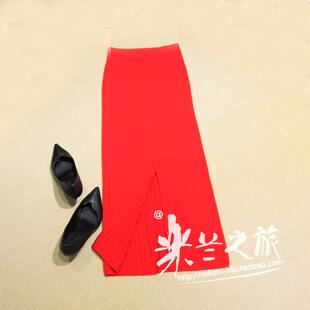 米兰之旅 中国红 超简洁后开叉女式羊绒半裙 有折扣