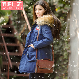 2015冬装新款韩版加厚中长款棉服女 连帽羊羔毛军绿色棉衣女外套