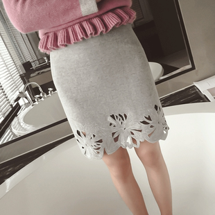 T2608-2015冬新款韩版女装修身显瘦镂空花朵刺绣包臀裙半身裙1212