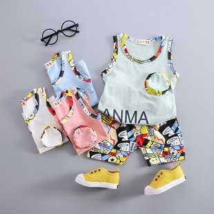 2016夏季新款童装韩版儿童套装精品竹节棉迷彩口袋无袖拼色两件套