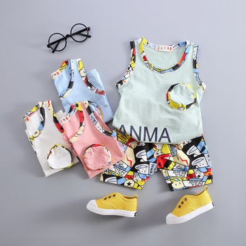 2016夏季新款童装韩版儿童套装精品竹节棉迷彩口袋无袖拼色两件套