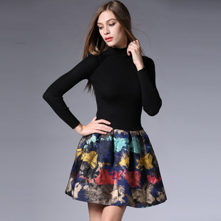 欧莎2015冬装新款优雅针织拼接提花短裙小高领假两件套连衣裙直销