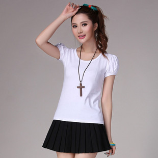 2015新款韩版女装短袖上衣纯棉泡泡袖修身显瘦半袖学生T恤潮