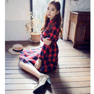 2016春季新款韩版可爱休闲格子翻领衬衫收腰长袖连衣裙女学生