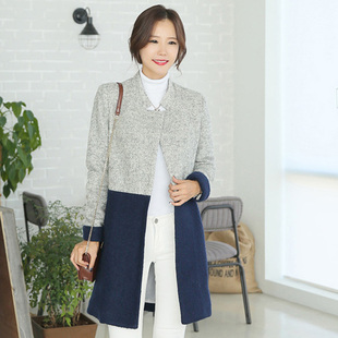 韩版2015冬装新款纯色拼接女装中长款大衣修身保暖毛呢子风衣套装