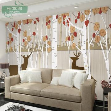 客厅电视沙发背景墙壁纸 餐厅过道3D立体风景树林大型壁画 白桦林
