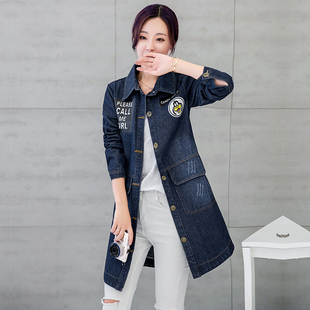 2016秋新款韩版单排扣中长款牛仔风衣长袖修身卡通印花复古外套女