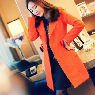 秋冬橙色韩版修身OL通勤羊毛呢风衣女装长袖中长款大衣气质呢外套