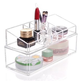 亚克力化妆盒 两层彩妆架 多格小物品收纳盒透明水晶化妆品首饰盒