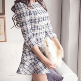 双十一冬韩版女装七分袖修身千鸟格小香风毛呢子连衣裙格纹打底裙