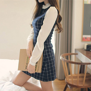 2015秋季新款连衣裙女韩版修身显瘦格子裙休闲假两件长袖打底裙