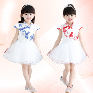 女童新款韩版唐装夏季青花瓷蓬蓬连衣裙六一中小童短袖表演舞蹈裙