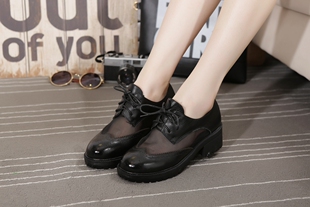 印美新款黑色 真皮粗跟镂空圆头网鞋韩版前系带英伦复古单鞋凉鞋