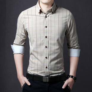 男装衬衫2015春季新款正品男士百搭韩版修身长袖纯棉格子衬衣