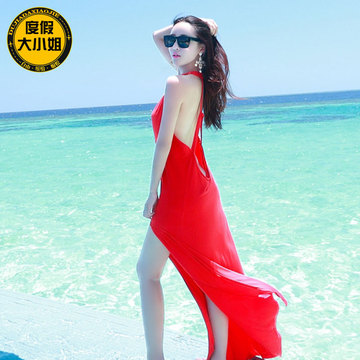 2015新款夏装波西米亚长款挂脖大红色性感不规则海边度假沙滩长裙
