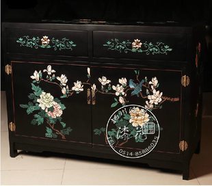 扬州漆器厂中式古典家具刻漆黑底双门双抽柜玄关门厅鞋柜餐边柜