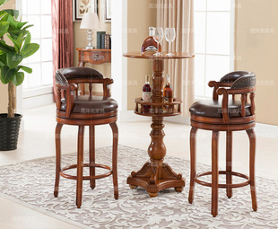 特价吧台桌 实木吧台 家用欧式实木雕花真皮吧台椅 美式高脚桌