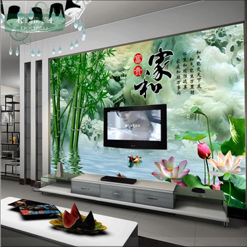 中式家和富贵竹子仿玉雕电视背景墙大型壁画客厅卧室无缝墙纸壁纸